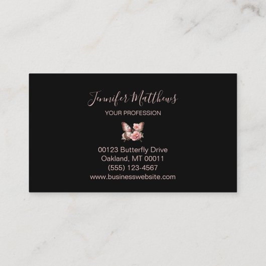 Butterfly Floral Elegant Script Zwart Visitekaartje (Achterkant)