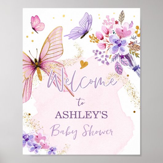 Butterfly Floral Garden Meisje Baby shower Welkom Poster (Voorkant)