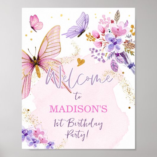 Butterfly Floral Garden Roze Meisje Verjaardag Wel Poster (Voorkant)
