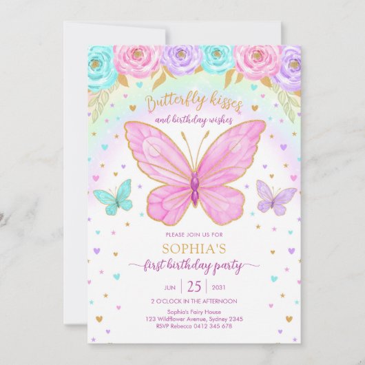 Butterfly Floral Girl Birthday Invitation Kaart (Voorkant)