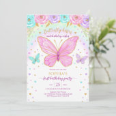 Butterfly Floral Girl Birthday Invitation Kaart (Staand voorkant)