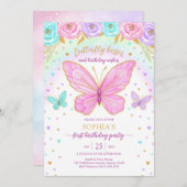 Butterfly Floral Girl Birthday Invitation Kaart (Voorkant / Achterkant)