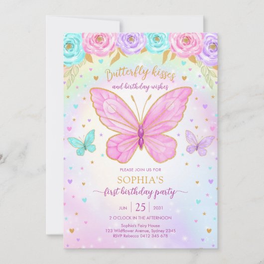 Butterfly Floral Girl Birthday Invitation Kaart (Voorkant)