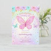 Butterfly Floral Girl Birthday Invitation Kaart (Staand voorkant)
