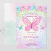 Butterfly Floral Girl Birthday Invitation Kaart (Voorkant / Achterkant)
