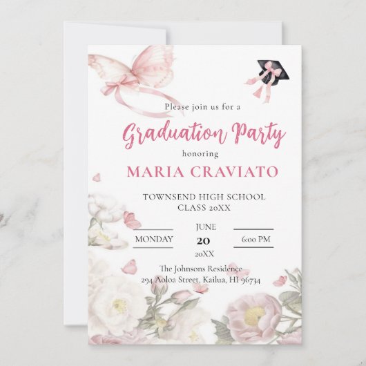 Butterfly & Floral Graduation Party Uitnodiging (Voorkant)