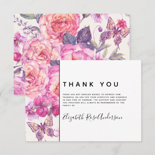 Butterfly Floral Modern Sympathie Funeral Bedankkaart (Voorkant / Achterkant)