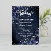 Butterfly Floral Navy Quinceanera Folie Uitnodiging (Staand Voorkant)