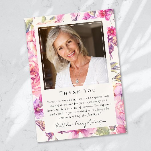 Butterfly Floral Photo Keepsake Funeral Memorial Bedankkaart