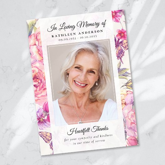 Butterfly Floral Photo Keepsake Funeral Memorial Bedankkaart