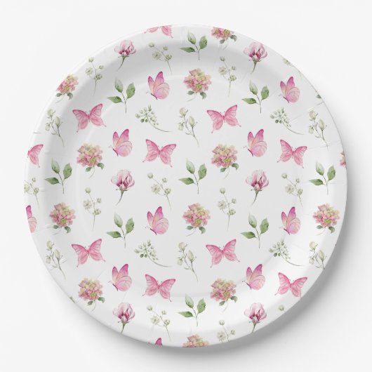 Butterfly Floral Roze Wit Baby shower Papieren Bordje (Voorkant)