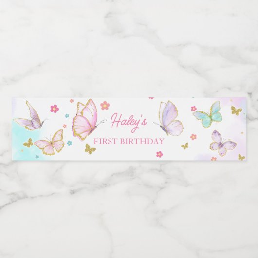 Butterfly Floral Verjaardag Waterfles Etiket (Enkel label)