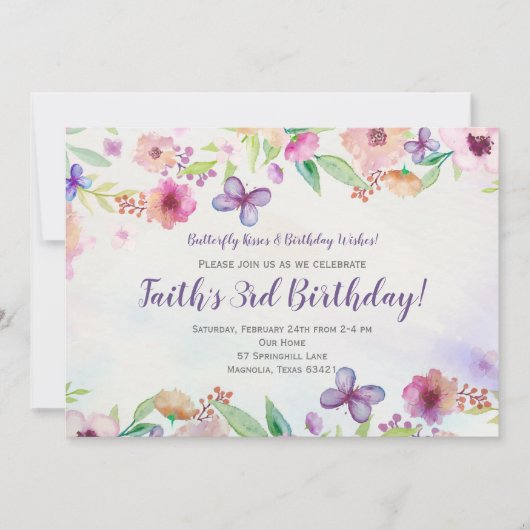 Butterfly Floral Waterverf Verjaardagsuitnodiging Kaart (Voorkant)