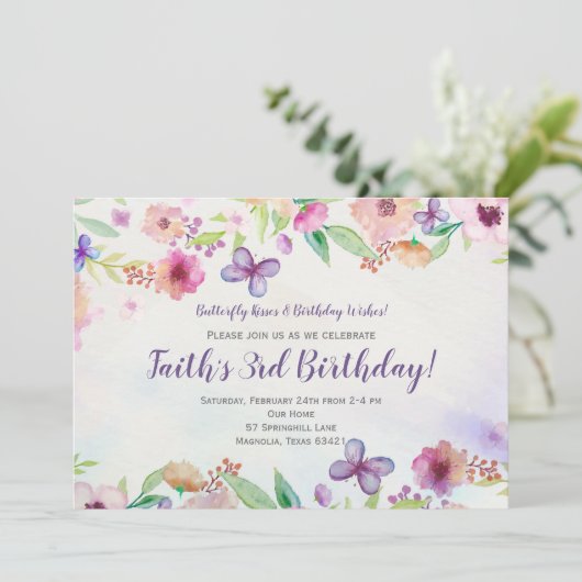 Butterfly Floral Waterverf Verjaardagsuitnodiging Kaart (Staand voorkant)
