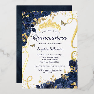 Butterfly Flower Elegant Navy Gold Quinceanera Folie Uitnodiging