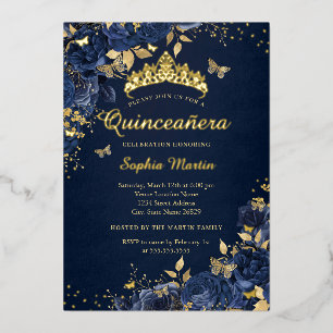 Butterfly Flower Gold Royal Navy Quinceanera Folie Uitnodiging
