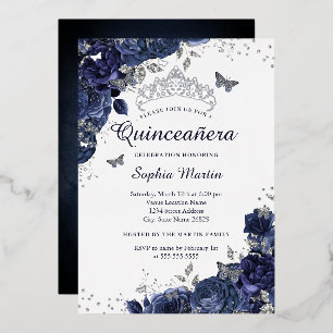 Butterfly Flower Navy Silver Quinceanera Folie Uitnodiging