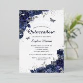 Butterfly Flower Navy Silver Quinceanera Folie Uitnodiging (Staand Voorkant)