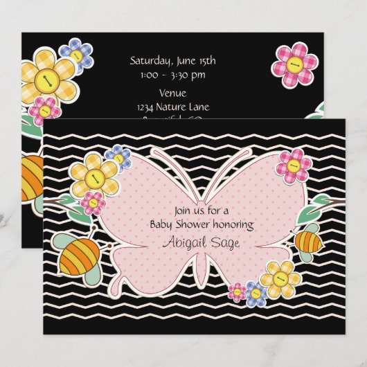 Butterfly, Flowers and Bees Baby shower Kaart (Voorkant / Achterkant)