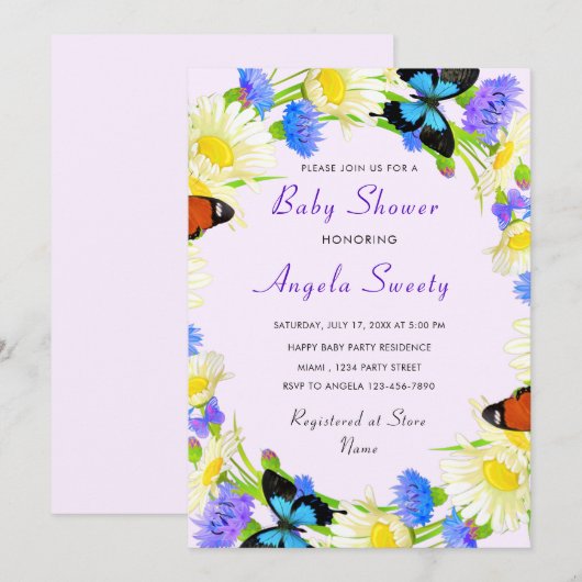 Butterfly Flowers ingelijst Baby shower Invitation (Voorkant / Achterkant)