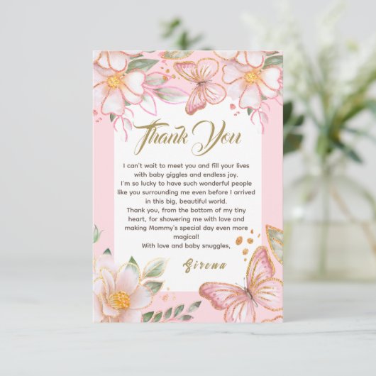 Butterfly & Flowers Pink Leuk bedankje Bedankkaart (Staand voorkant)