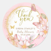 Butterfly & Flowers Roze Glitter Meisje Baby showe Ronde Sticker (Voorkant)