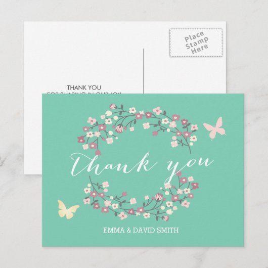 Butterfly & Flowers Spring Wedding Bedankt Briefkaart (Voorkant / Achterkant)