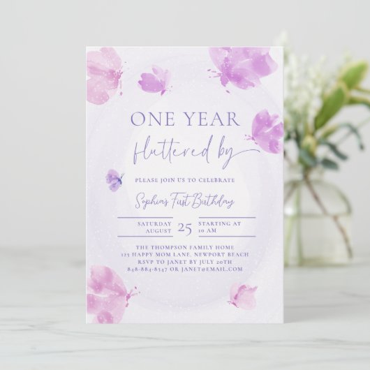 Butterfly Fluttered door Paarse Roze 1e Verjaardag Kaart (Staand voorkant)