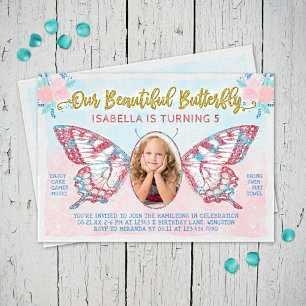 Butterfly Foto Girls Cute Kind Pink Birthday Party Kaart