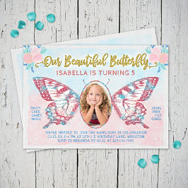 Butterfly Foto Girls Cute Kind Pink Birthday Party Kaart