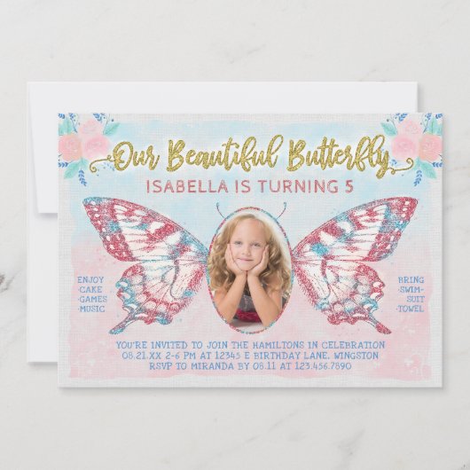 Butterfly Foto Girls Cute Kind Pink Birthday Party Kaart (Voorkant)