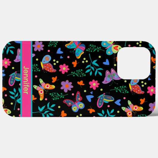 Butterfly Fun Folk Modern Zwart Bloemen Girly Naam Case-Mate iPhone Case (Achterkant (horizontaal))