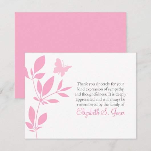 Butterfly Funeral Hartelijk dank Nota roze Bedankkaart (Voorkant / Achterkant)