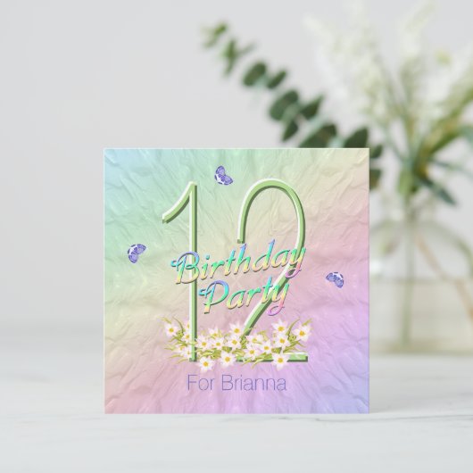 Butterfly Garden 12e verjaardagsfeest uitnodiging (Staand voorkant)