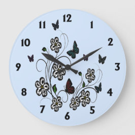 Butterfly Garden Blue met zwarte cijfers Grote Klok