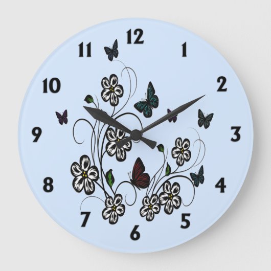 Butterfly Garden Blue met zwarte cijfers Grote Klok (Voorkant)