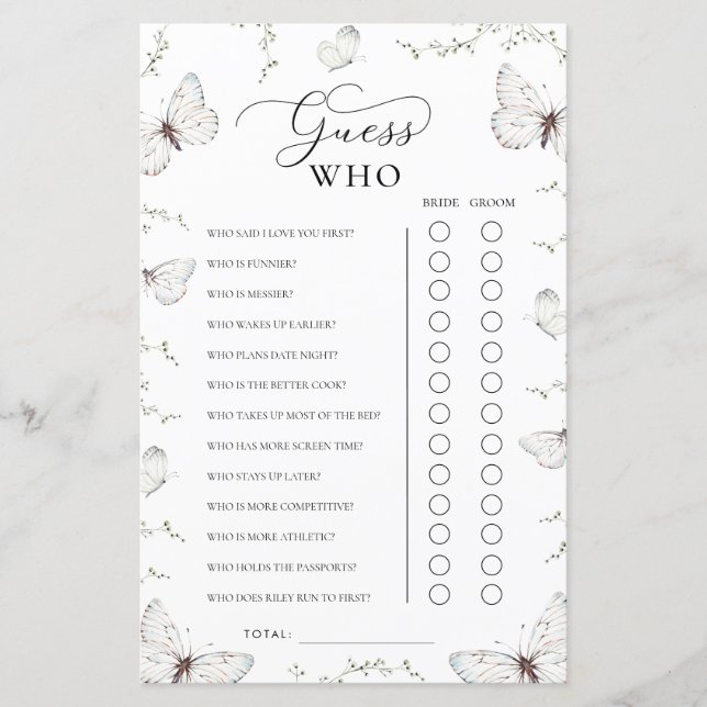 Butterfly Garden Bridal Shower Guess Who Game (Voorkant)