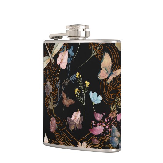 Butterfly Garden Bruiloft Zwart Heupfles (Links)