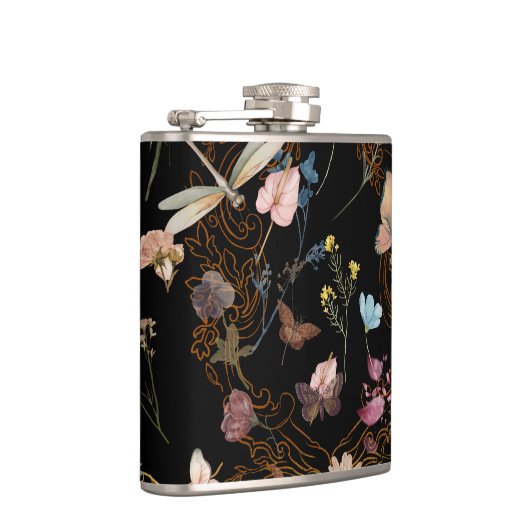 Butterfly Garden Bruiloft Zwart Heupfles (Rechts)