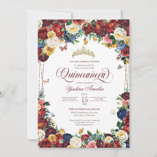 Butterfly Garden Burgundy Royal Floral Quinceanera Kaart (Voorkant)