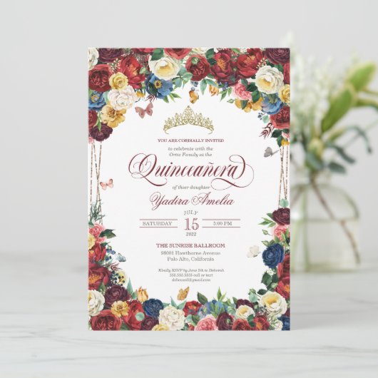 Butterfly Garden Burgundy Royal Floral Quinceanera Kaart (Staand voorkant)