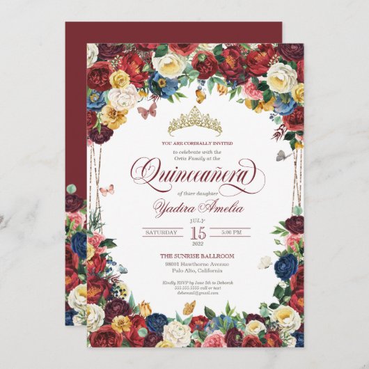 Butterfly Garden Burgundy Royal Floral Quinceanera Kaart (Voorkant / Achterkant)