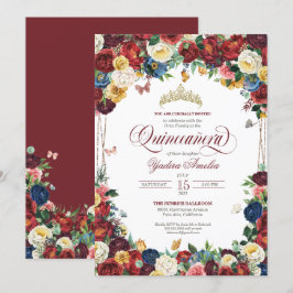 Butterfly Garden Burgundy Royal Floral Quinceanera Kaart