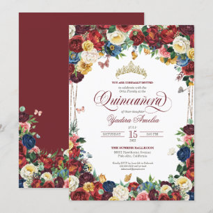 Butterfly Garden Burgundy Royal Floral Quinceanera Kaart