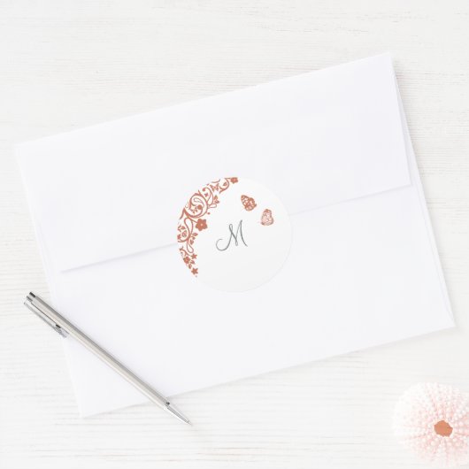 Butterfly Garden Dusty Peach Stripe Monogram Ronde Sticker (Envelop)