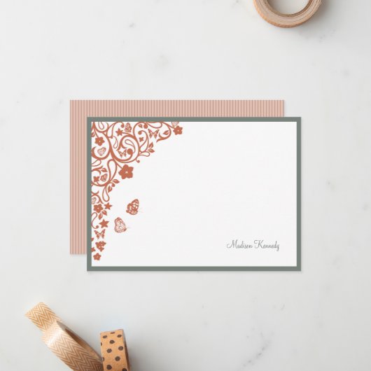 Butterfly Garden Peach Stripe Script Name Note Car Notitiekaartje (Voorkant / Achterkant in situ)