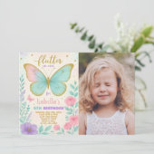 Butterfly Garden Verjaardag Uitnodiging met foto (Staand voorkant)
