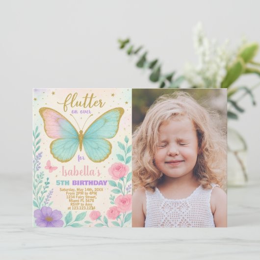 Butterfly Garden Verjaardag Uitnodiging met foto (Staand voorkant)