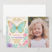 Butterfly Garden Verjaardag Uitnodiging met foto (Voorkant / Achterkant)
