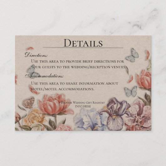 Butterfly Garden Vintage bruiloft Details Informatiekaartje (Voorkant)
